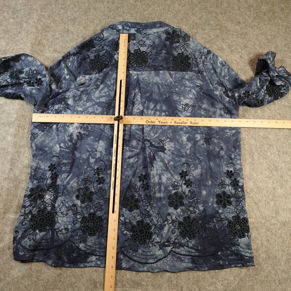 John Mark Top Womens 2X Button Front Artsy Tie Dye Embroidered Lace Navy Blue - Picture 6 of 9